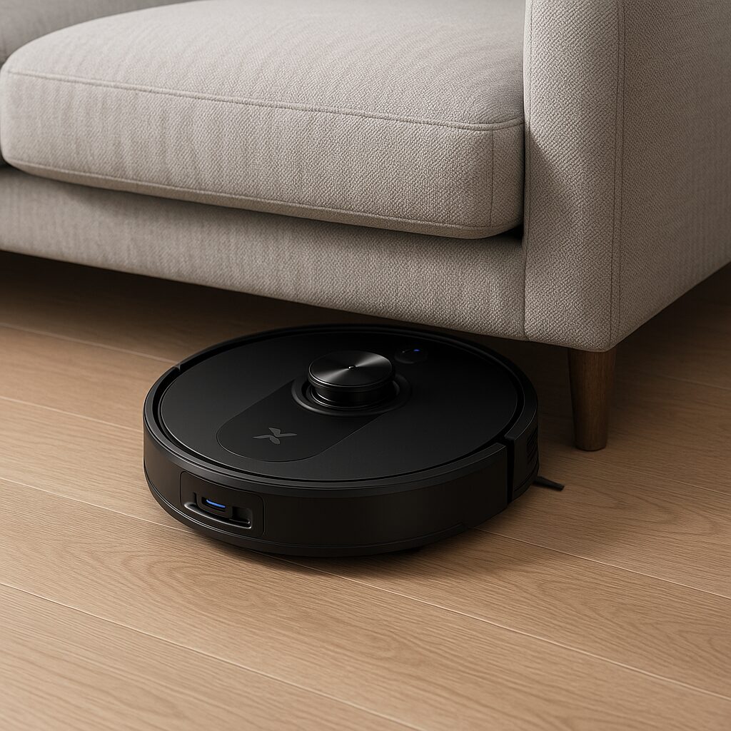 ロボット掃除機がリビングにあるソファのしたのすきまに入って掃除をしている様子