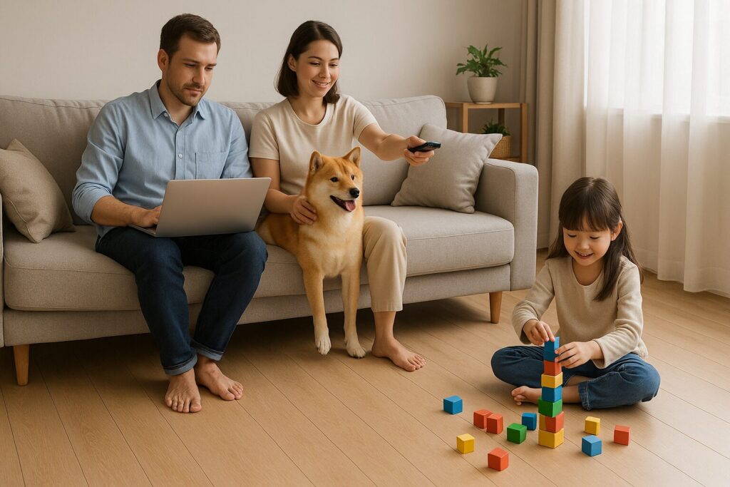 忙しい共働き夫婦が家事の負担を減らしている様子や、ペットと遊びながら床がキレイなリビング、子どもが床で遊んでいる様子
