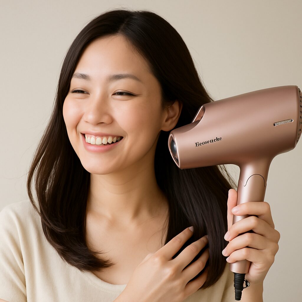 パナソニックのヘアケアドライヤーを使って髪質がしっとりしてきて喜んでいる30代女性