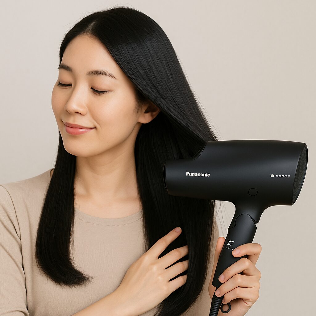 PanasonicのEH-NA0Jを使って髪を乾かす30代女性