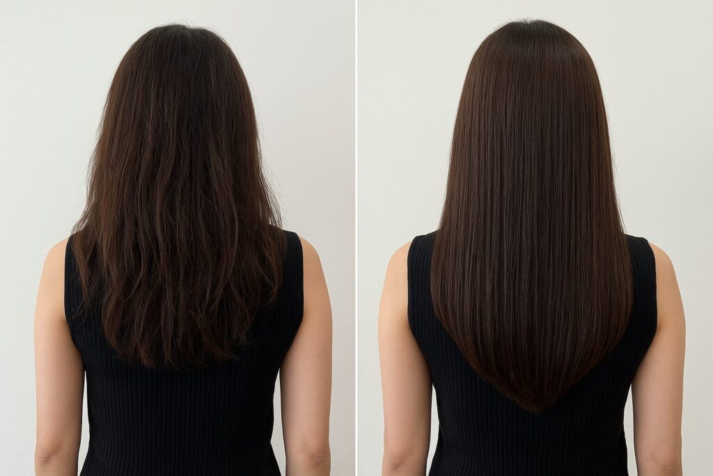 リファビューテック ドライヤー S+の使用前と使用後の髪