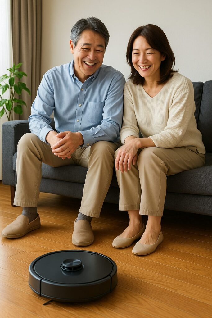 リビングで掃除中のロボット掃除機をみて笑顔を浮かべながらくつろぐ40代夫婦