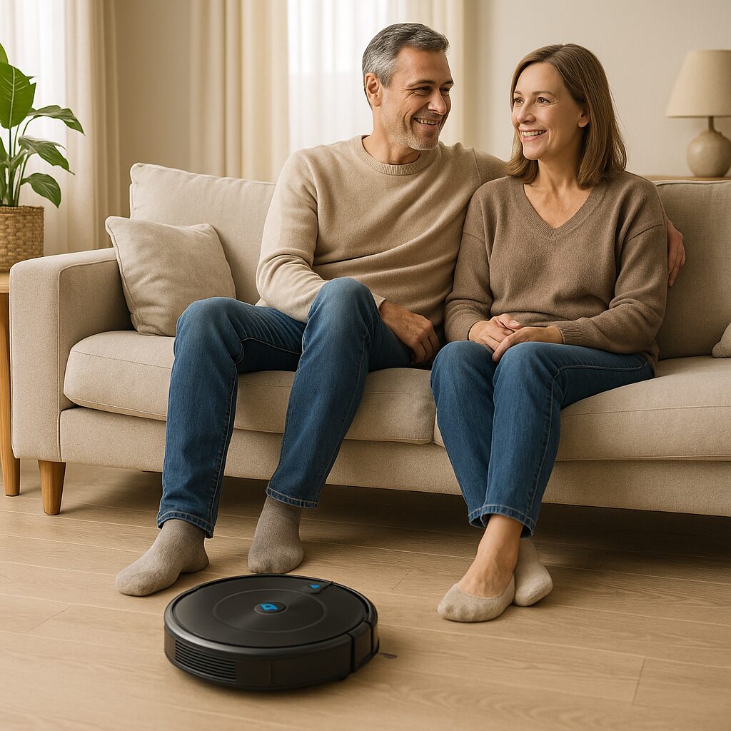 リビングの掃除をするロボット掃除機と、リビングでくつろぐ40代夫婦