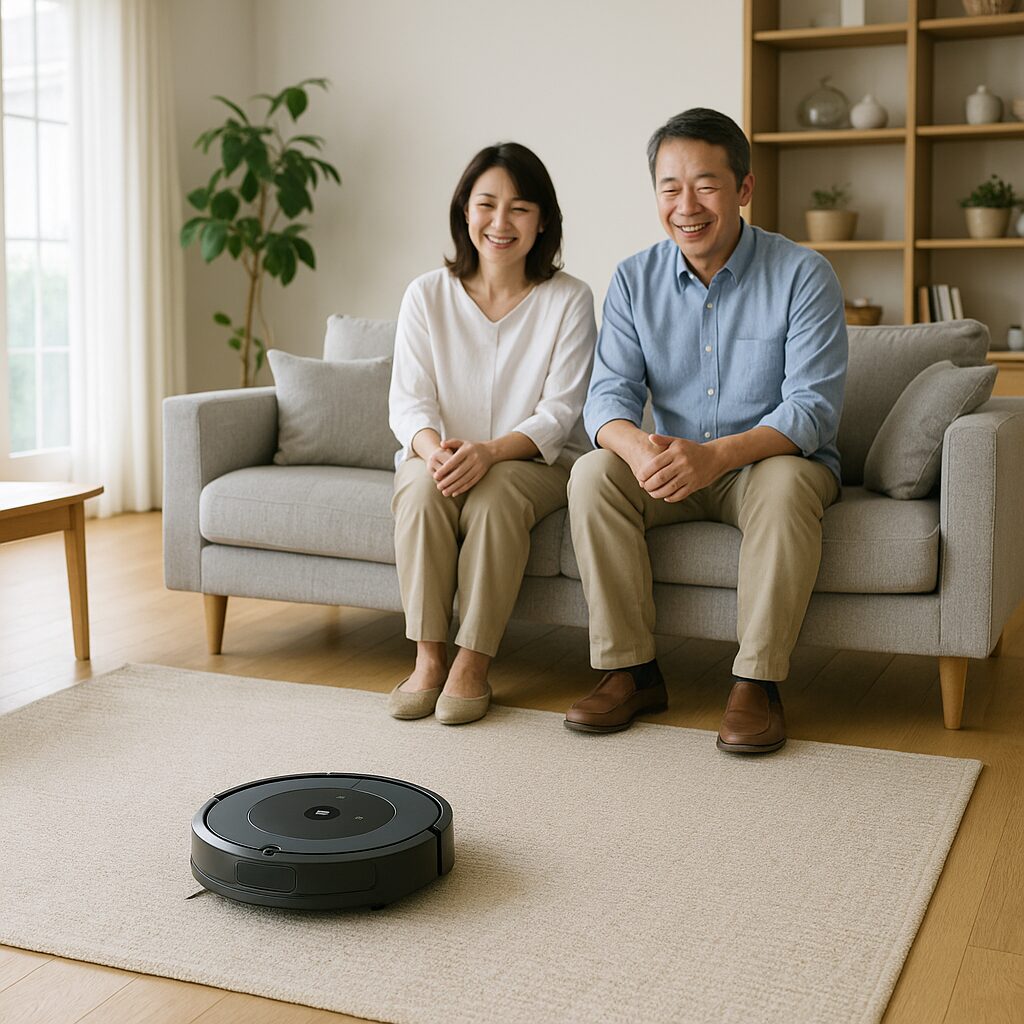 自宅リビングを掃除するルンバをみてご満悦の表情を浮かべる40代の日本人夫婦