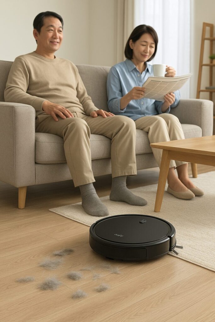 Eufyのロボット掃除機が掃除しているリビングでくつろぐ40代夫婦