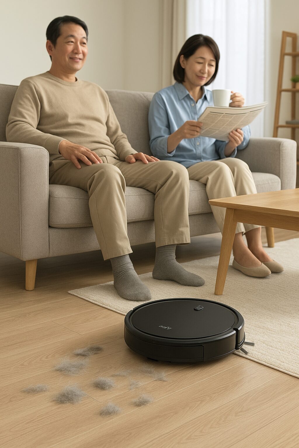Eufyのロボット掃除機が掃除しているリビングでくつろぐ40代夫婦