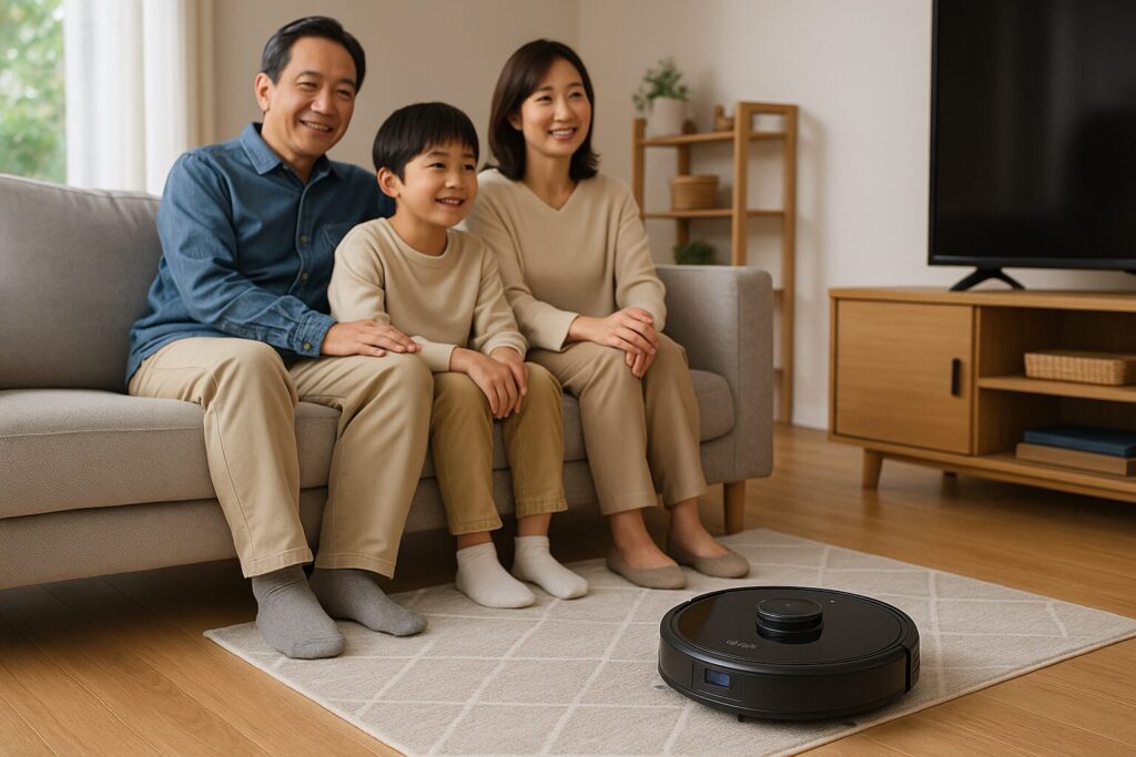 Eufyのロボット掃除機(黒色)がリビングの掃除をしている画像