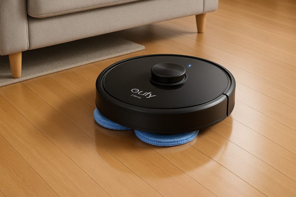Eufyのロボット掃除機(黒色)が回転加圧式モップでリビングのフローリングをきれいにしている様子