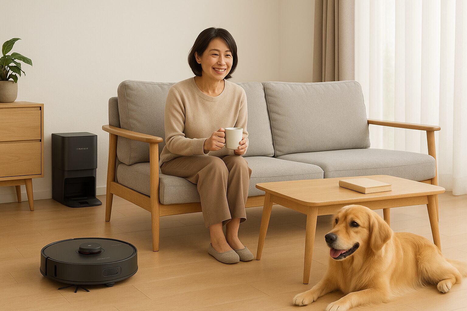 Roborock Saros10Rが自宅リビングを掃除している様子