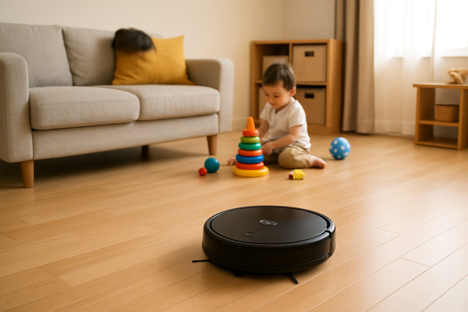 子育て世帯のリビングで、ロボット掃除機（黒・小型）が掃除をしている様子